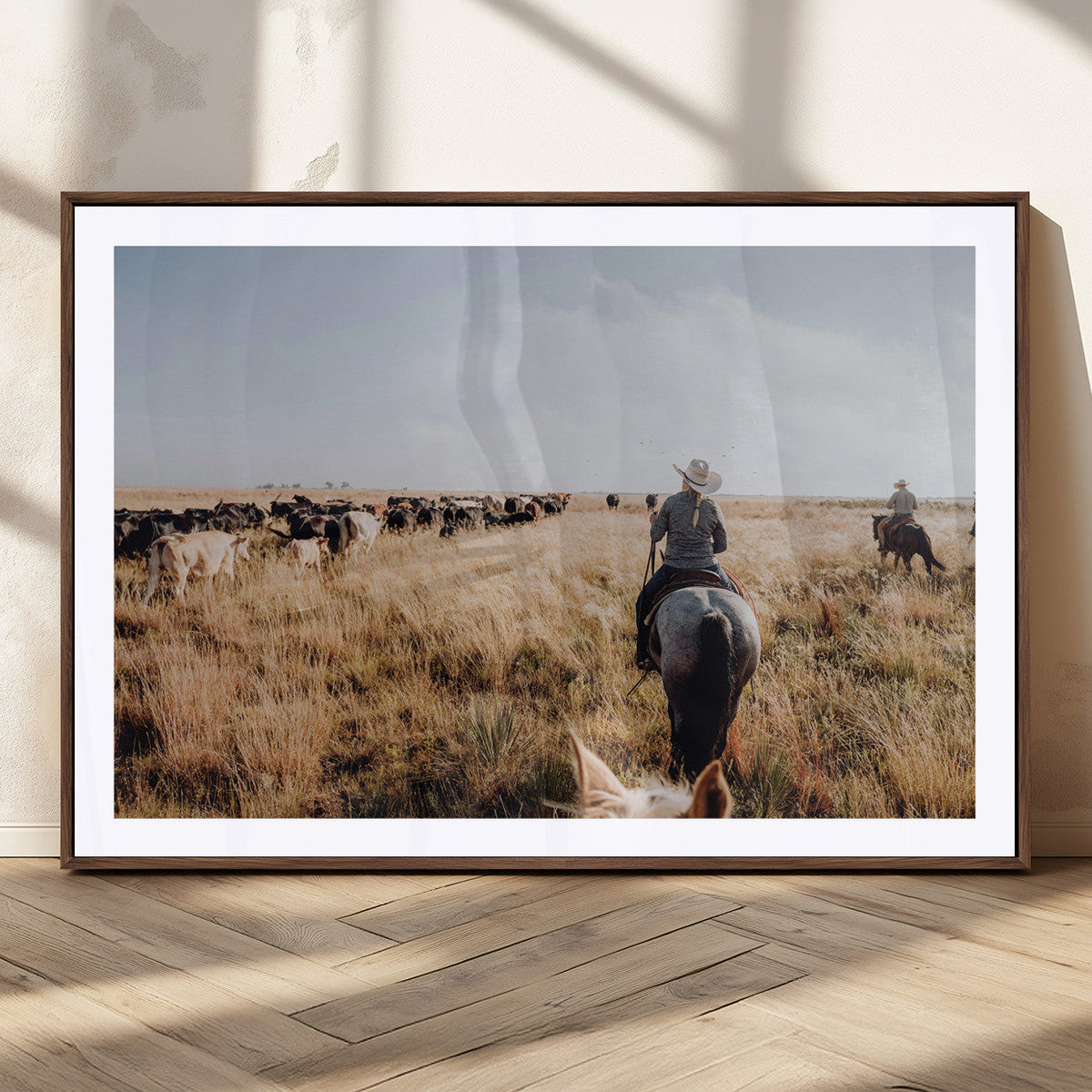 Western Wall Art Canvas Print, Framed Cowboy Cattle Drive Scene