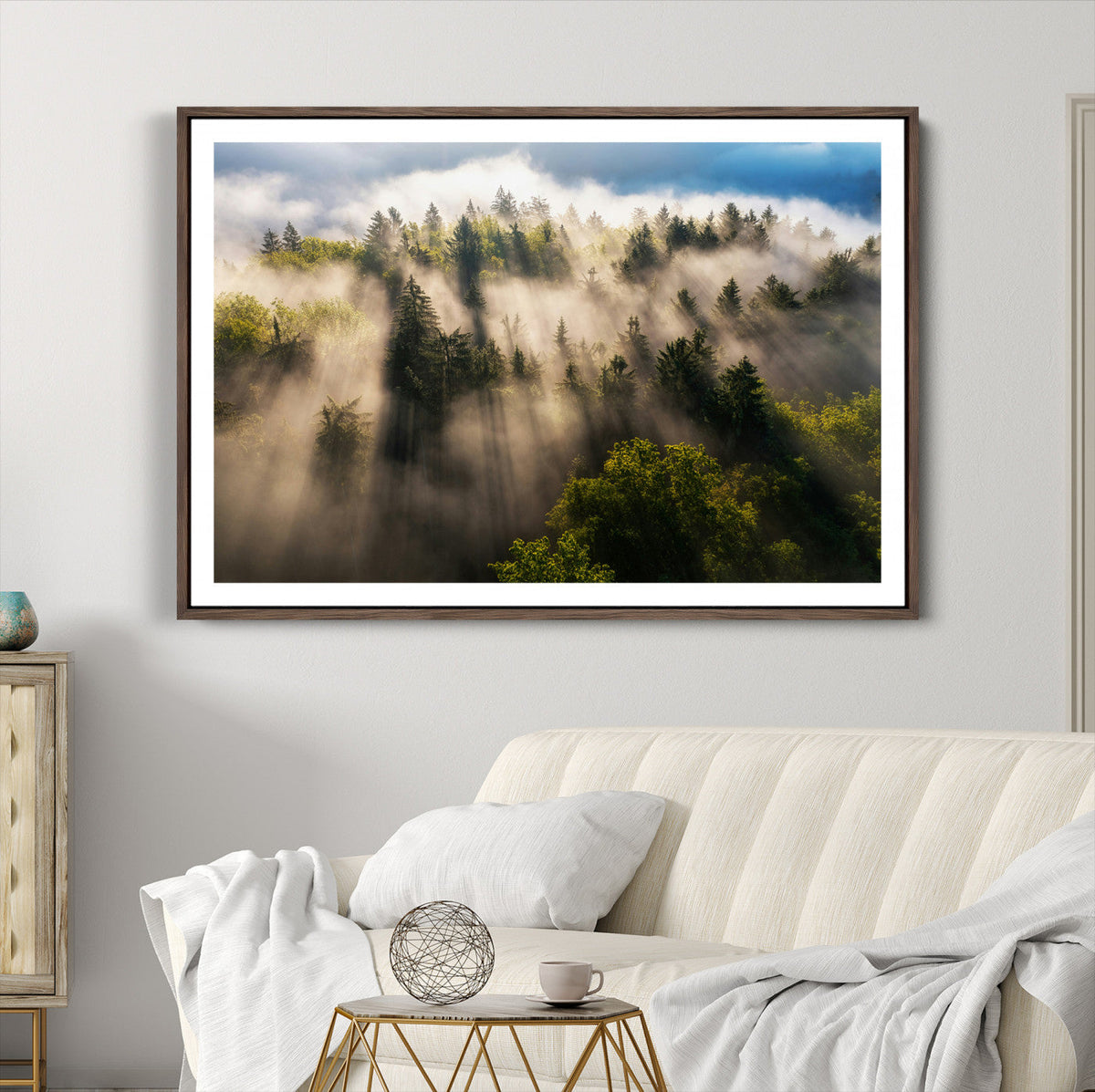 Tranquil Forest Scene Wall Art Canvas Print, Framed Moody Sunbeam Through Trees