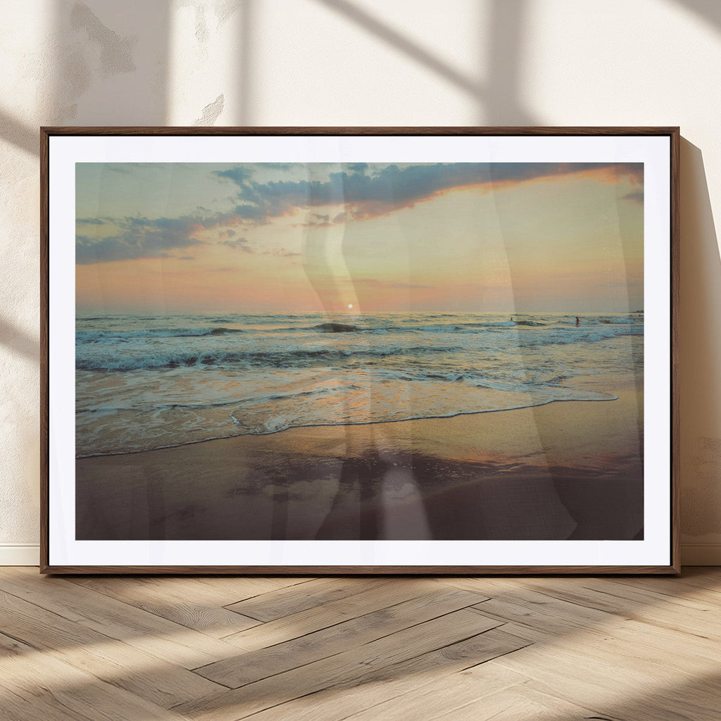 Sunset Seascape Wall Art Canvas Print, Framed Pastel Ocean View with Tranquil Shoreline