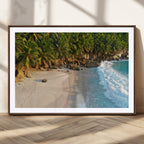 Tropical Beach Wall Art Canvas Print, Framed Ocean Waves and Palm Trees at Golden Sunset