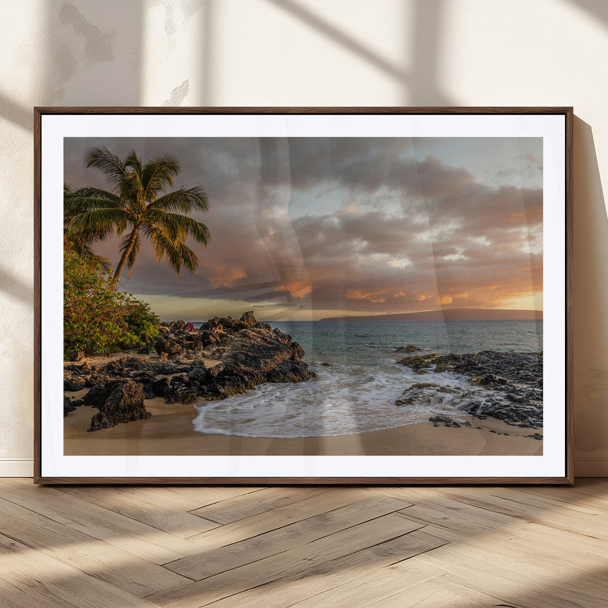 Tropical Beach Wall Art Canvas Print, Vibrant Hawaiian Sunset with Ocean Waves