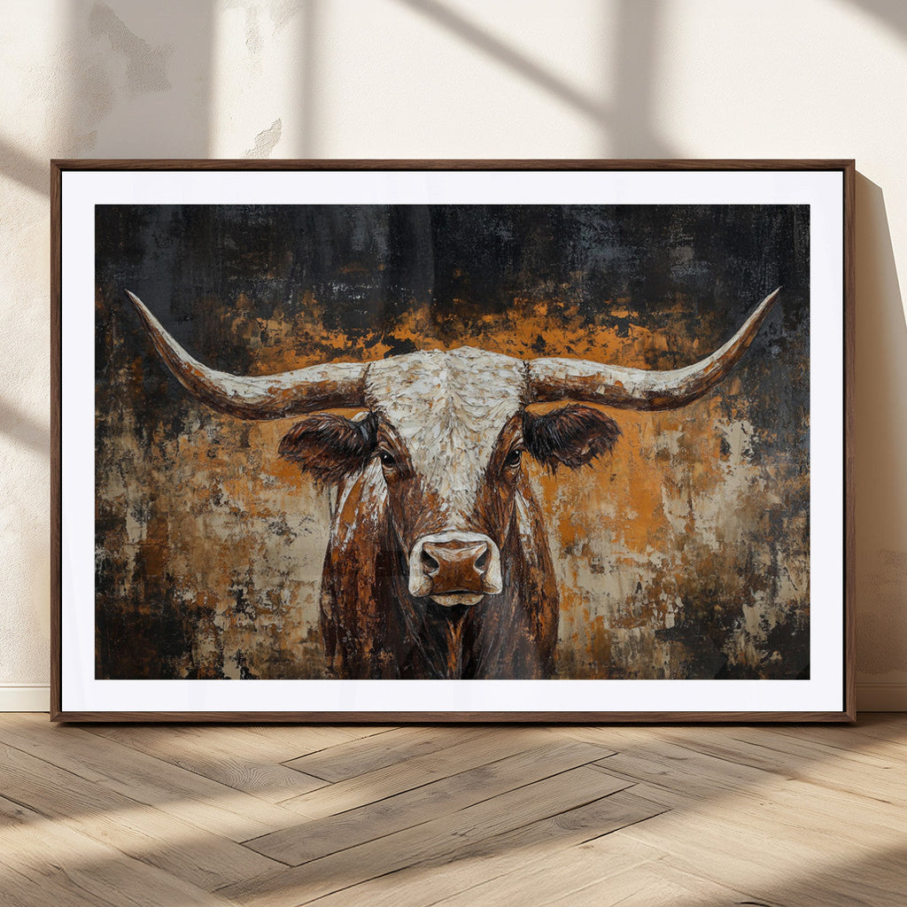 Abstract Longhorn Bull Wall Art Canvas Print, Vintage Western Texas Steer Artwork