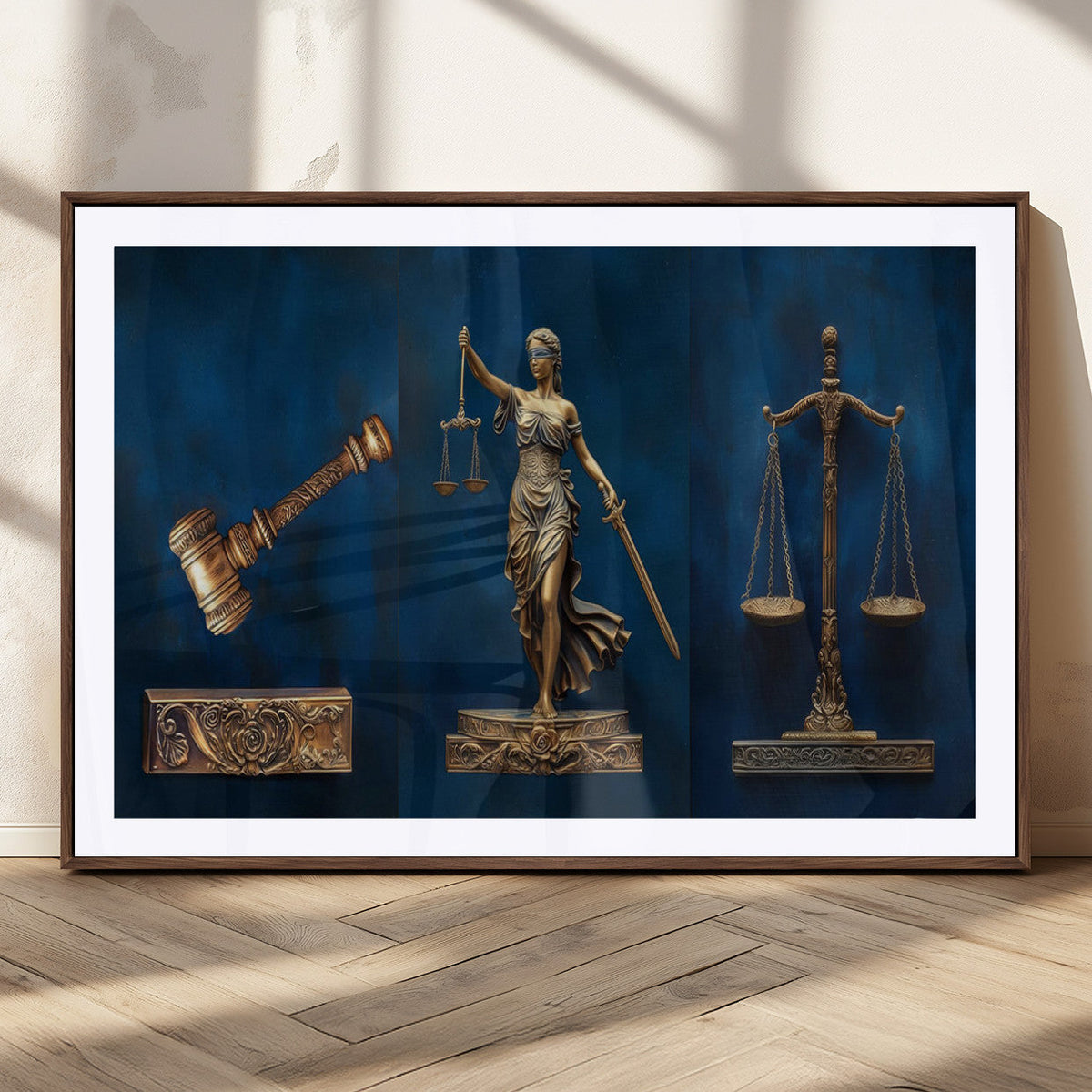Lady Justice Wall Art Canvas Print, Elegant Gold Legal Symbols on Blue, Law Office Decor