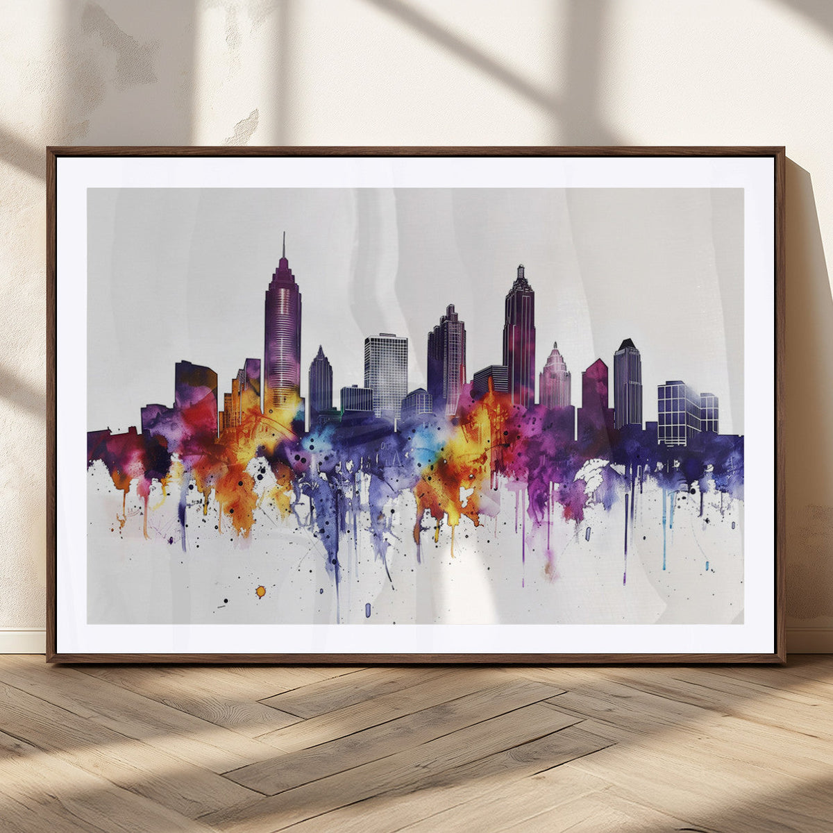 Atlanta Skyline Wall Art Canvas Print, Framed Colorful Watercolor Cityscape
