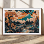 Japanese Landscape Wall Art Canvas Print, Mount Fuji with Flowing River and Autumn Trees