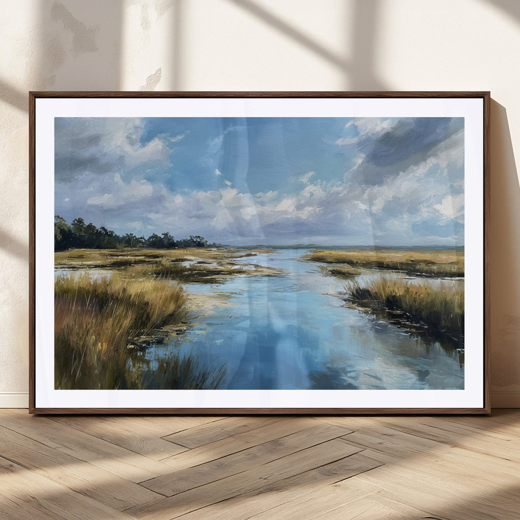Marshland Wall Art Canvas Print, Serene Water Reflection with Blue Sky and Golden Grass