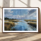 Marshland Wall Art Canvas Print, Serene Water Reflection with Blue Sky and Golden Grass