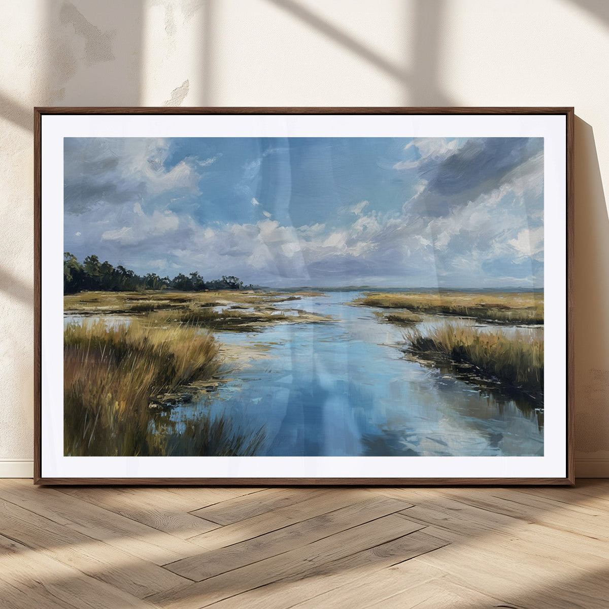 Marshland Wall Art Canvas Print, Serene Water Reflection with Blue Sky and Golden Grass
