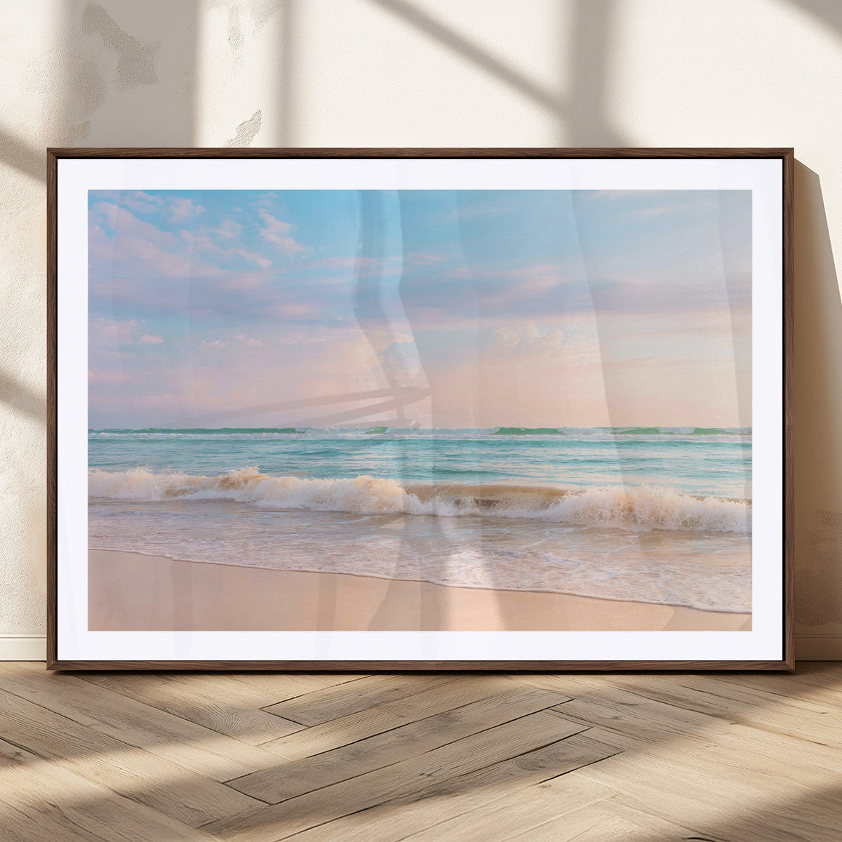 Serene Ocean Waves Wall Art Canvas Print, Pastel Sky Over a Soft Sand Beach
