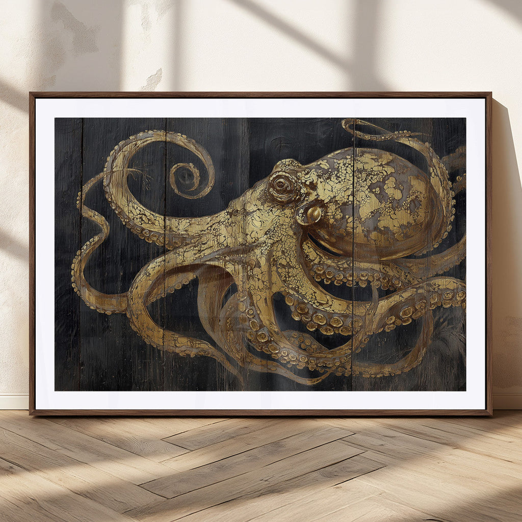 Octopus Wall Art Canvas Print, Gold Detail Octopus on Wooden Plank Background
