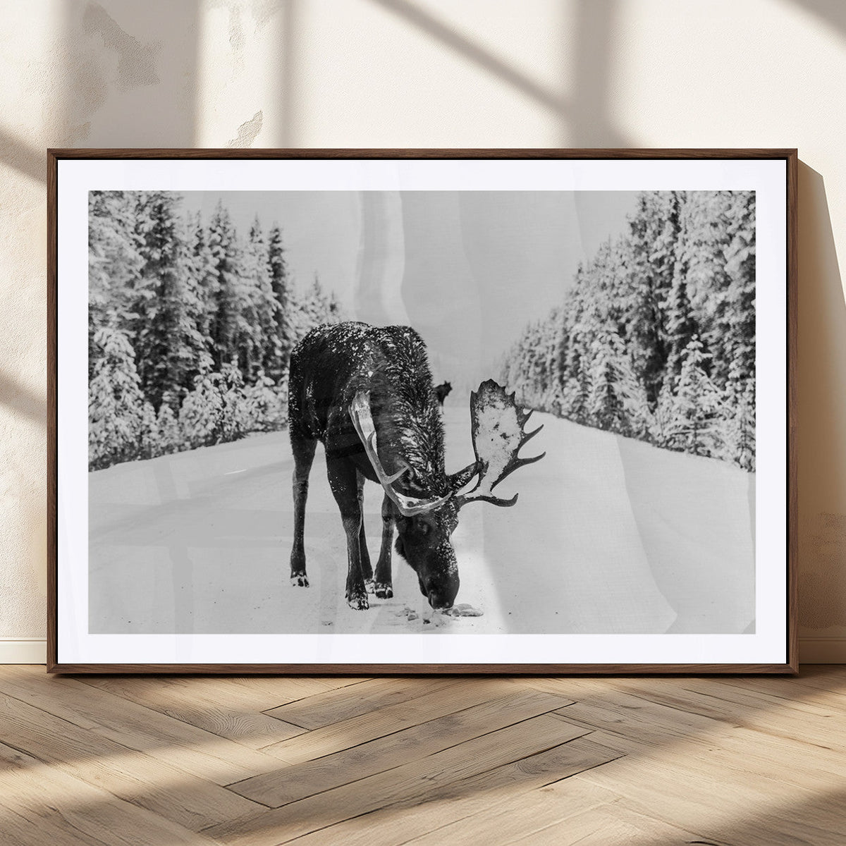 Moose Wall Art Canvas Print, Winter Moose with Antlers in a Snowy Forest
