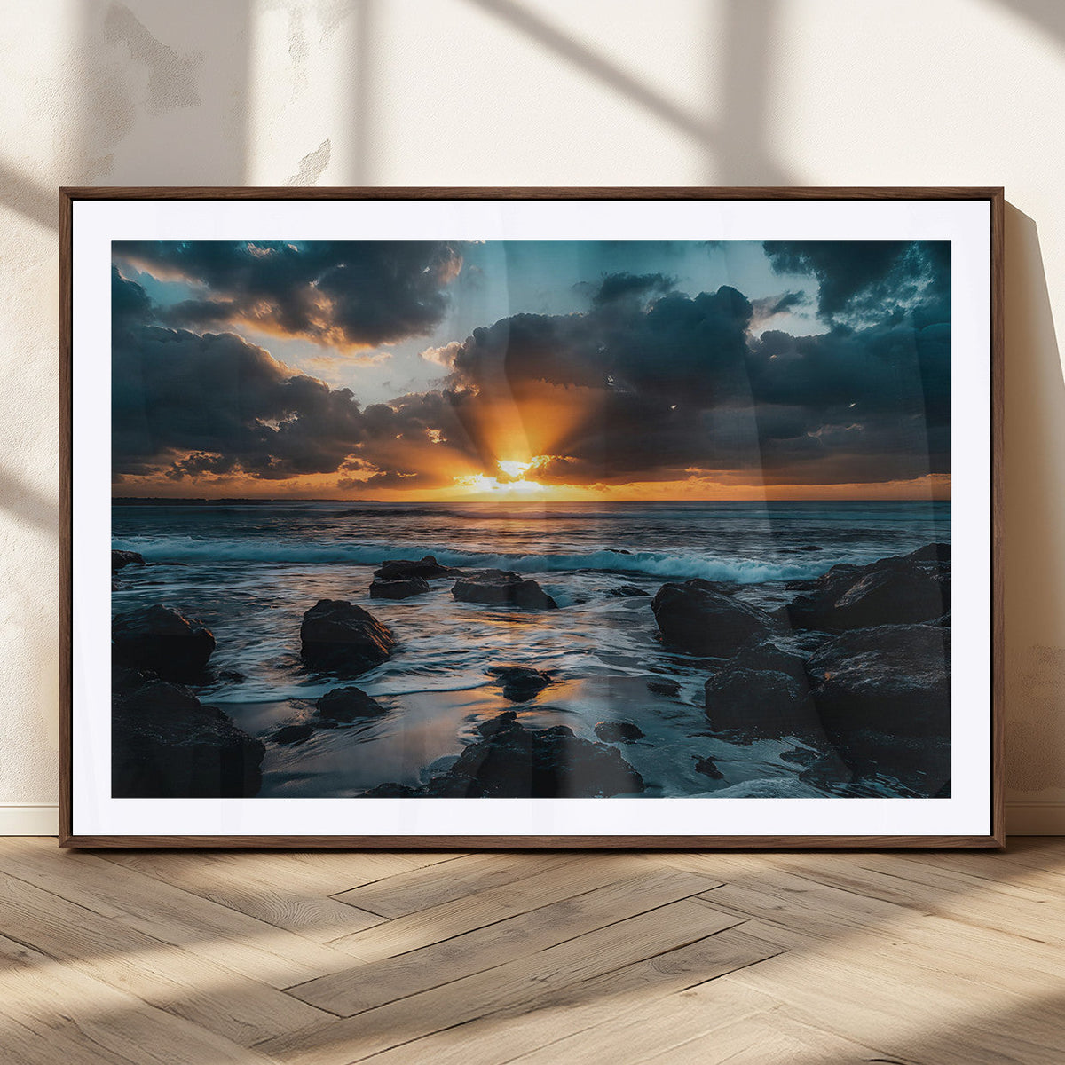 Ocean Sunset Wall Art Canvas Print, Rocky Shore Waves and Golden Sun Rays