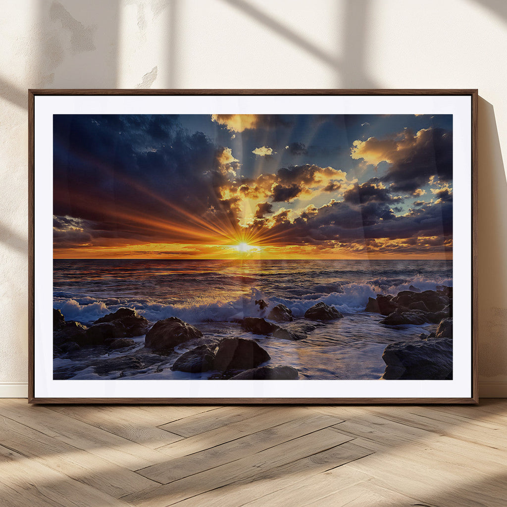 Sunset Ocean Wall Art Canvas Print, Waves on a Rocky Shore Under Dramatic Sky