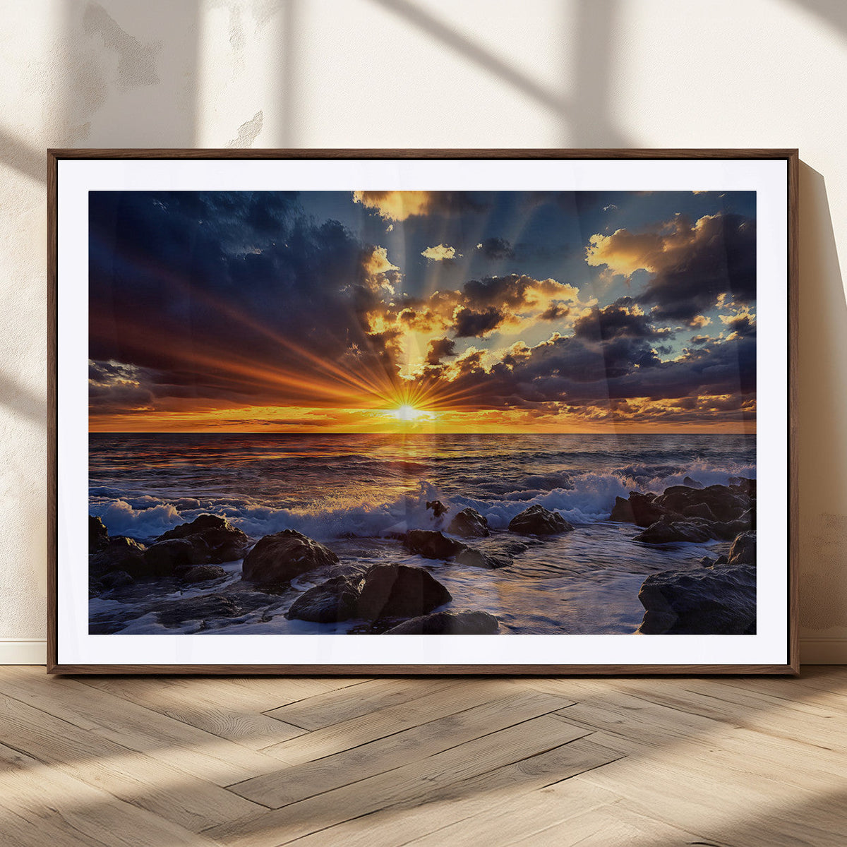 Sunset Ocean Wall Art Canvas Print, Waves on a Rocky Shore Under Dramatic Sky
