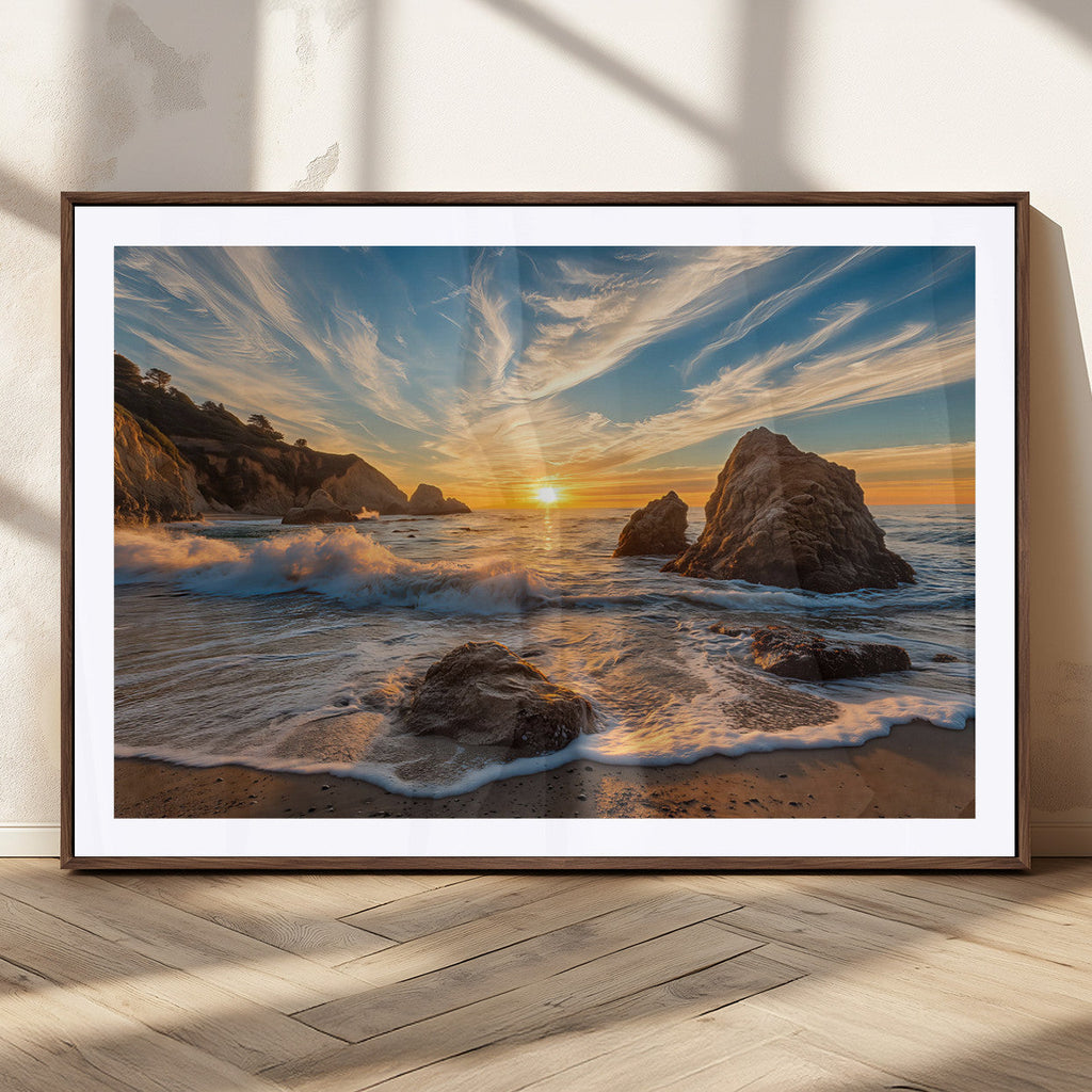 Rocky Ocean Sunset Wall Art Print, Seaside Canvas with Dramatic Seascape