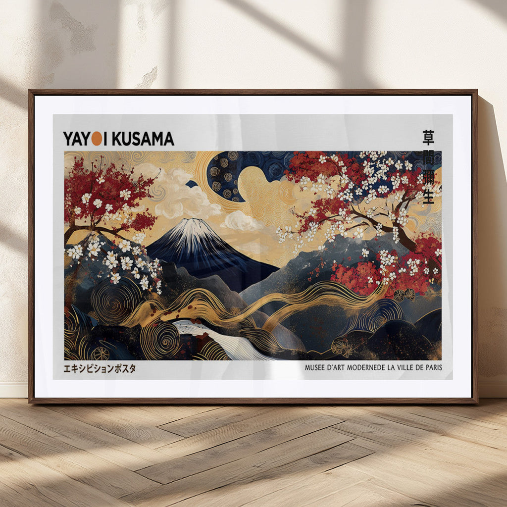 Yayoi Kusama Inspired Japanese Art Canvas Print, Floral Mt. Fuji Modern Asian Wall Decor