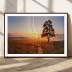 Golden Sunrise Landscape Canvas Wall Art, Framed Misty Field Nature Print