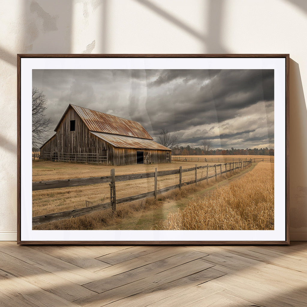 Rustic Farm Barn Wall Art Canvas Print, Stormy Sky Country Decor