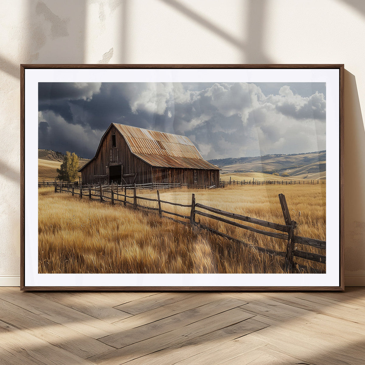Golden Wheat Field Barn Canvas Print, Rustic Farm Landscape Under Dramatic Sky