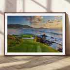 Coastal Golf Course Wall Art Canvas Print, Sunset with Rolling Green Fairways and Ocean Waves
