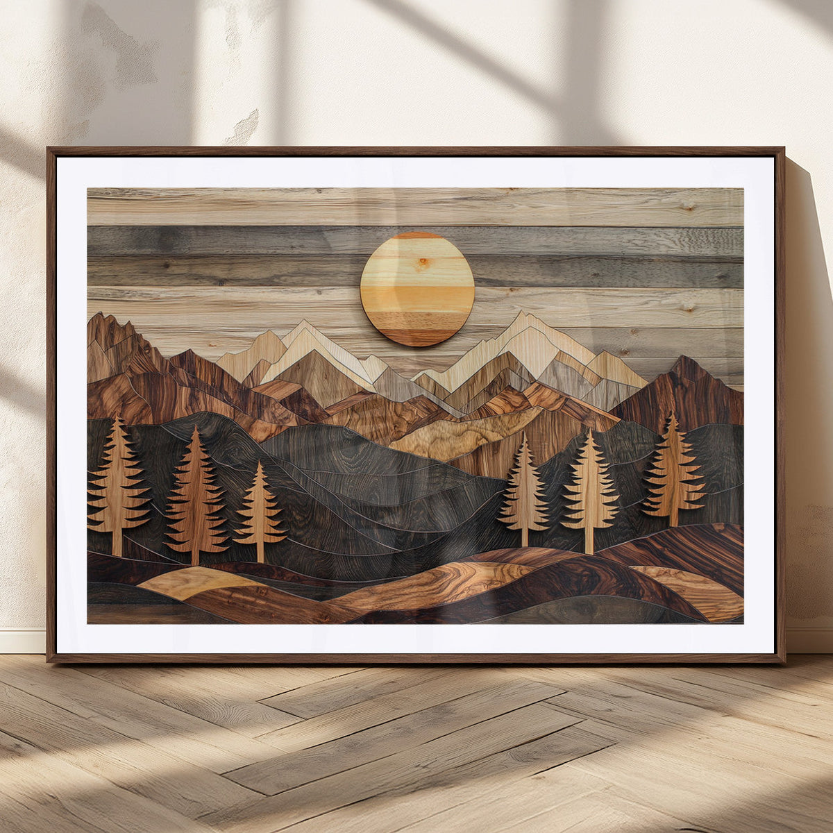 Wooden Mountain Layers Art | Rustic Pine Tree Landscape
