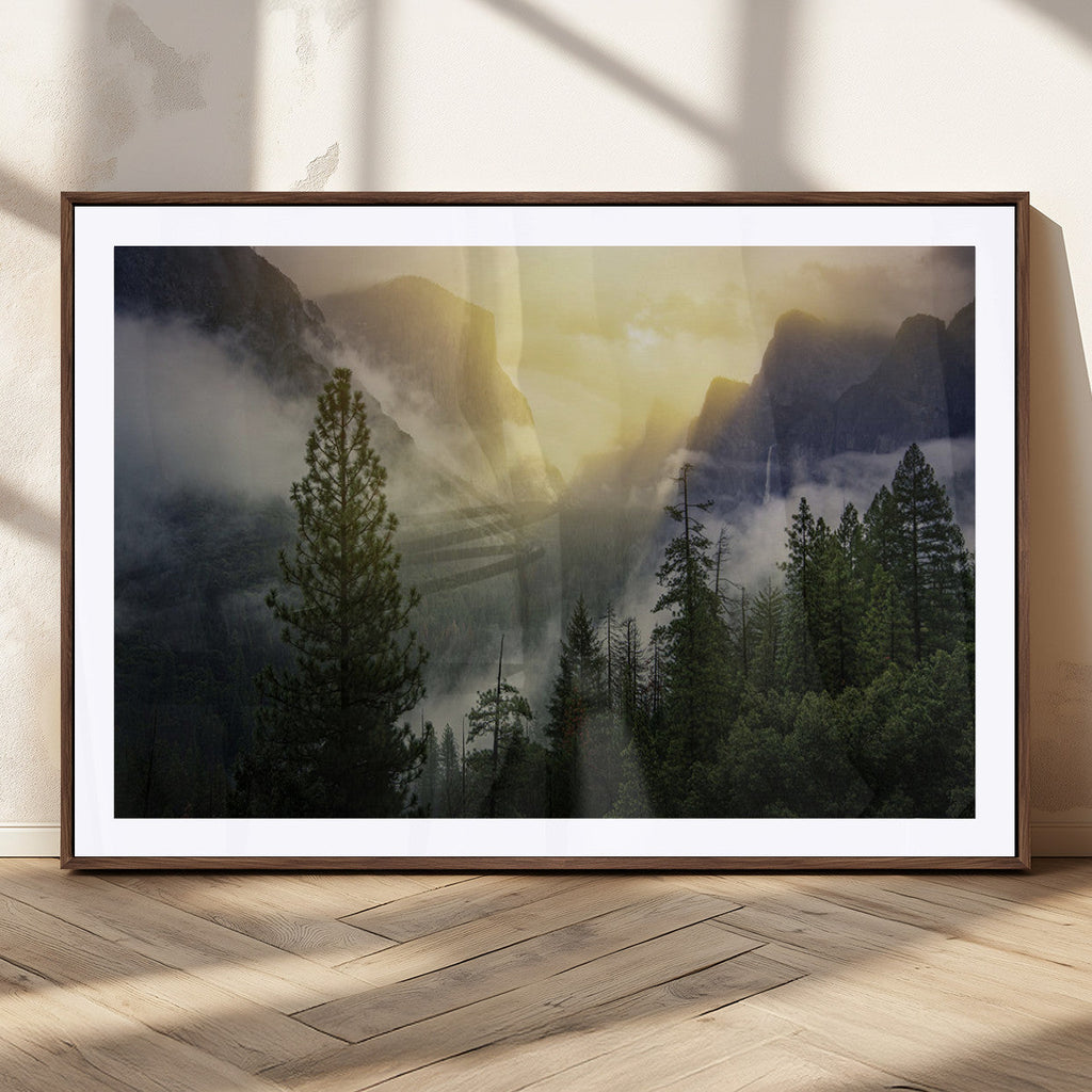 Misty Forest Sunrise Wall Art Canvas Print, Framed Mountain Valley Pine Trees