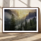 Misty Forest Sunrise Wall Art Canvas Print, Framed Mountain Valley Pine Trees