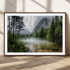 Misty Lake Forest Wall Art, Green Trees and Calm Water Reflection, Mountain Fog Landscape Canvas