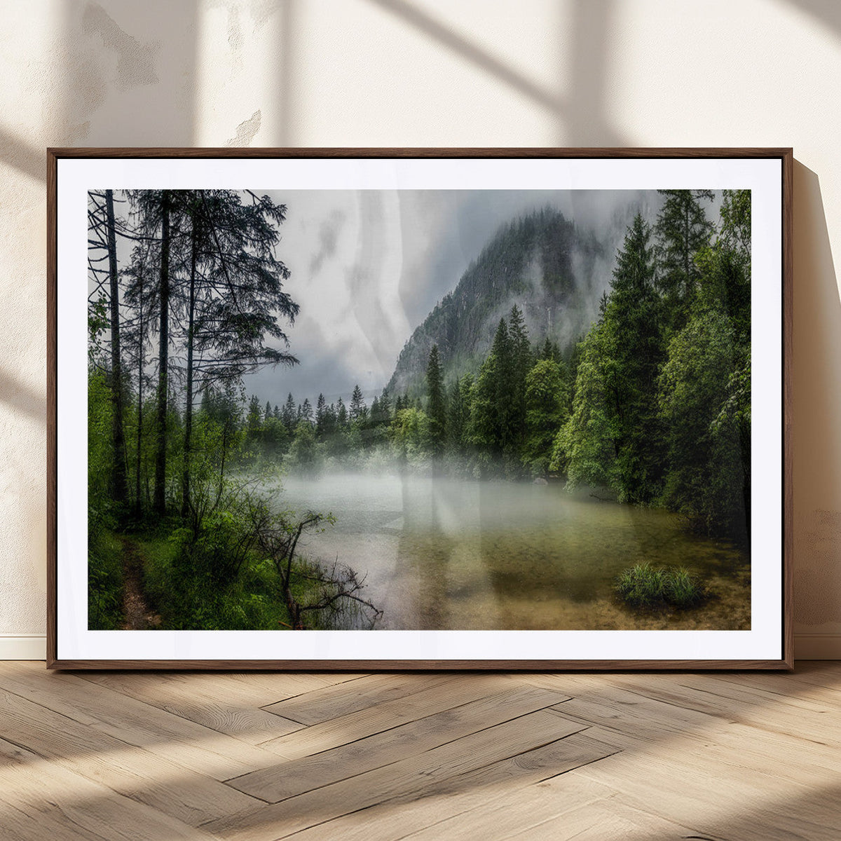Misty Lake Forest Wall Art, Green Trees and Calm Water Reflection, Mountain Fog Landscape Canvas