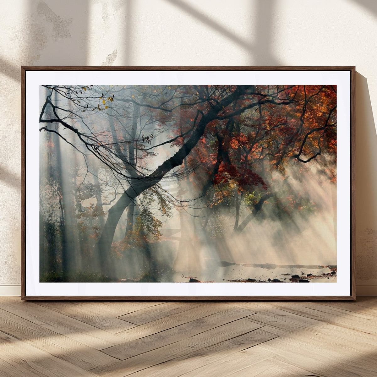 Sunlit Autumn Forest Wall Art, Misty Trees with Sun Rays, Peaceful Fall Landscape Canvas Print
