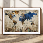 World Map Canvas Print | Vintage Blue and Gold World Map Wall Art