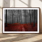 Red Forest Floor Canvas Wall Art | Mystical Foggy Woodland Triptych