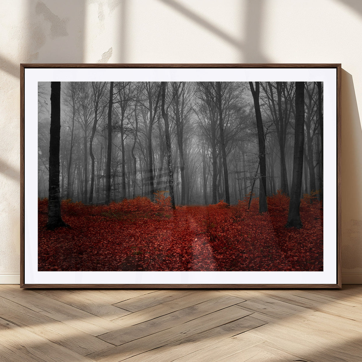 Red Forest Floor Canvas Wall Art | Mystical Foggy Woodland Triptych