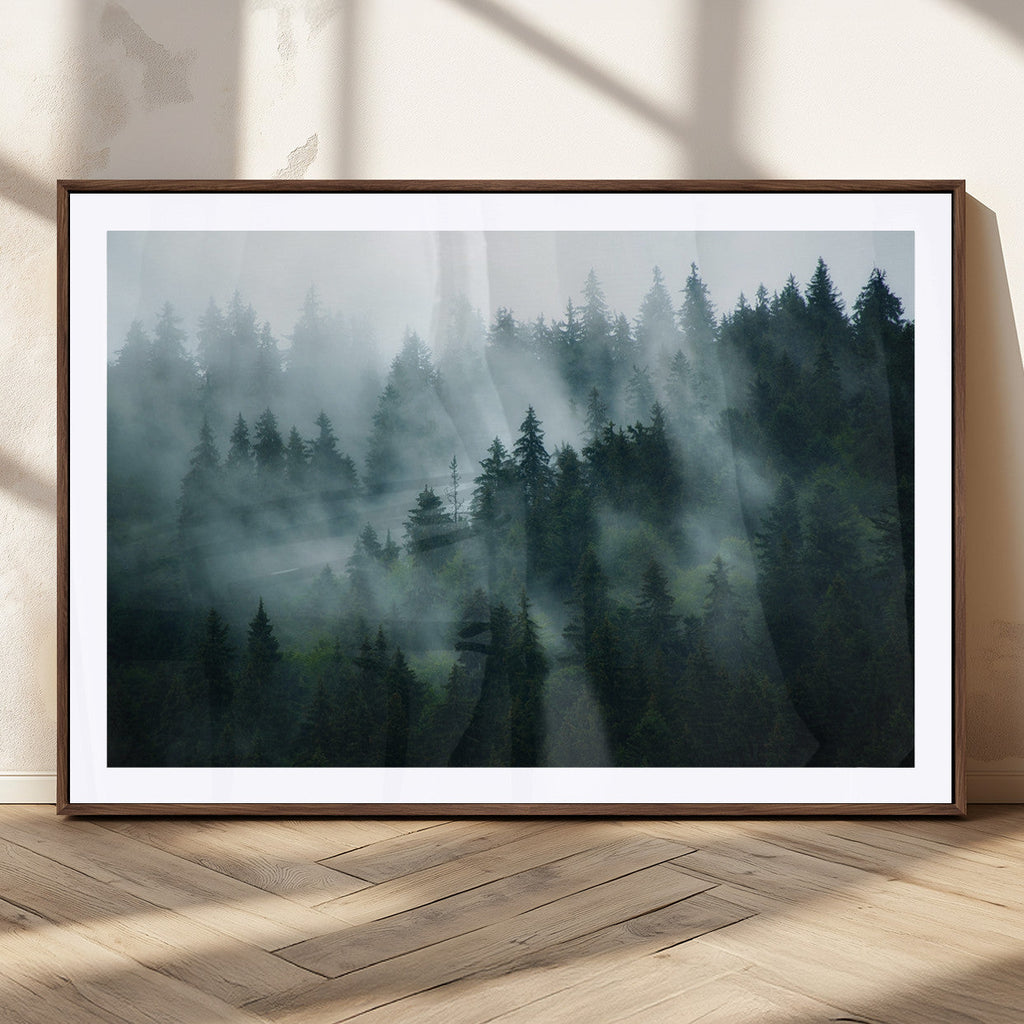 Misty Forest Wall Art | Serene Green Landscape Canvas Print