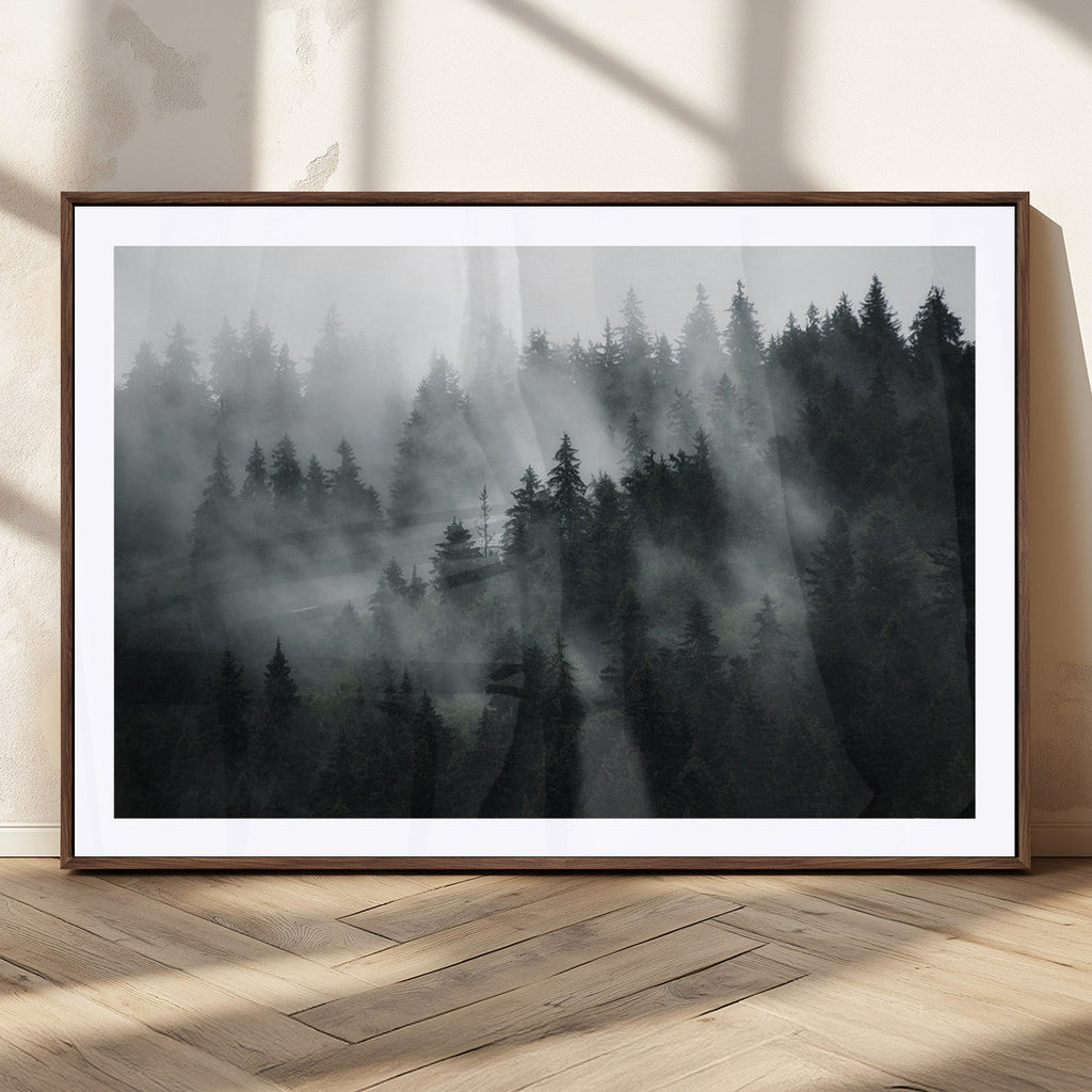 Foggy Forest Wall Art Canvas Print | 3 Panel Large Misty Landscape
