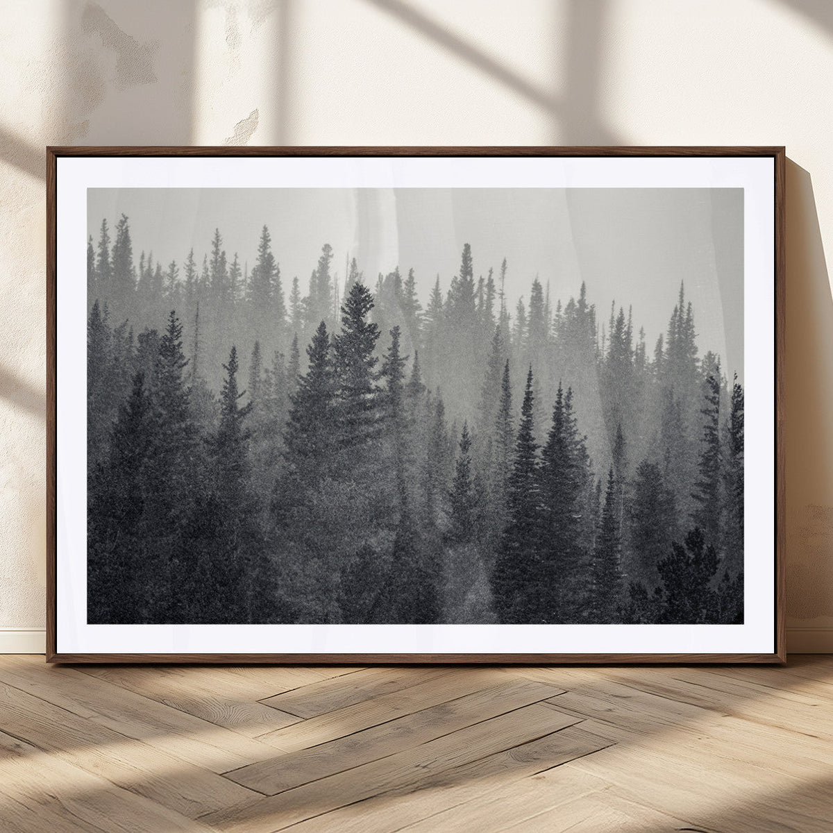 Misty Forest Canvas Wall Art | Monochrome Triptych Pine Tree Print