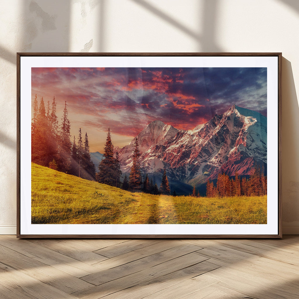 Mountain and Daylight Red Sunset Wall Art Canvas Print