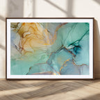 Abstract Aqua and Gold Fluid Wall Art Canvas | 3 Panel Large Canvas Print