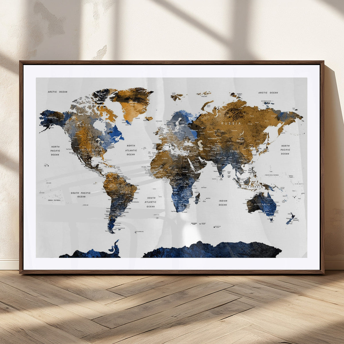 Modern Abstract World Map Canvas Wall Art | Framed Blue and Gold Map Print