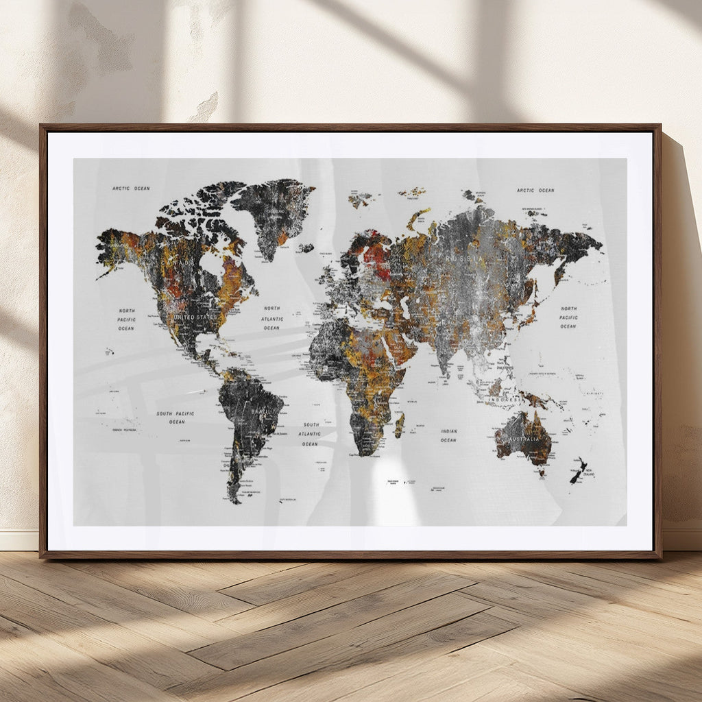 Modern Metallic World Map Canvas Wall Art | Framed Contemporary World Map Print