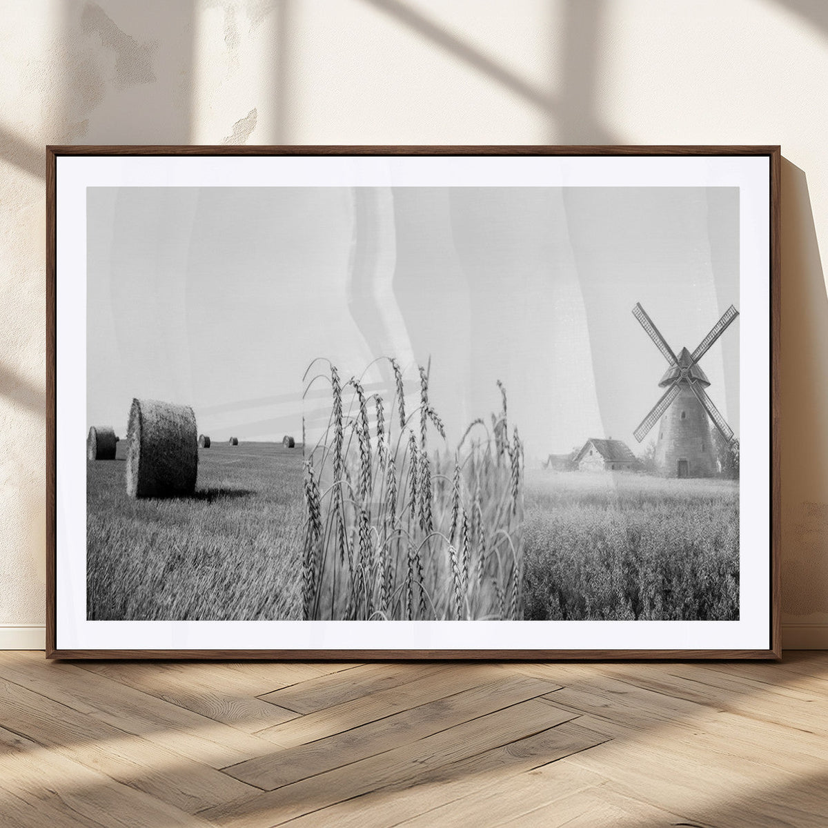 Vintage Farmhouse Black and White Triptych Wall Art, Giclee Canvas with Wheat Fields, Hay Bales and Windmill