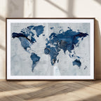 Modern Blue World Map Canvas Print | Elegant Travel Map Wall Art for Home Office