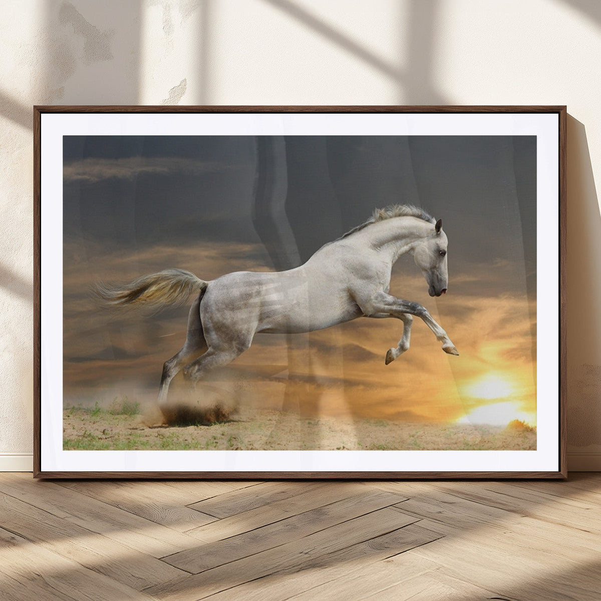 Large Wall Art Canvas Print, White Jumping Horse at Sunset