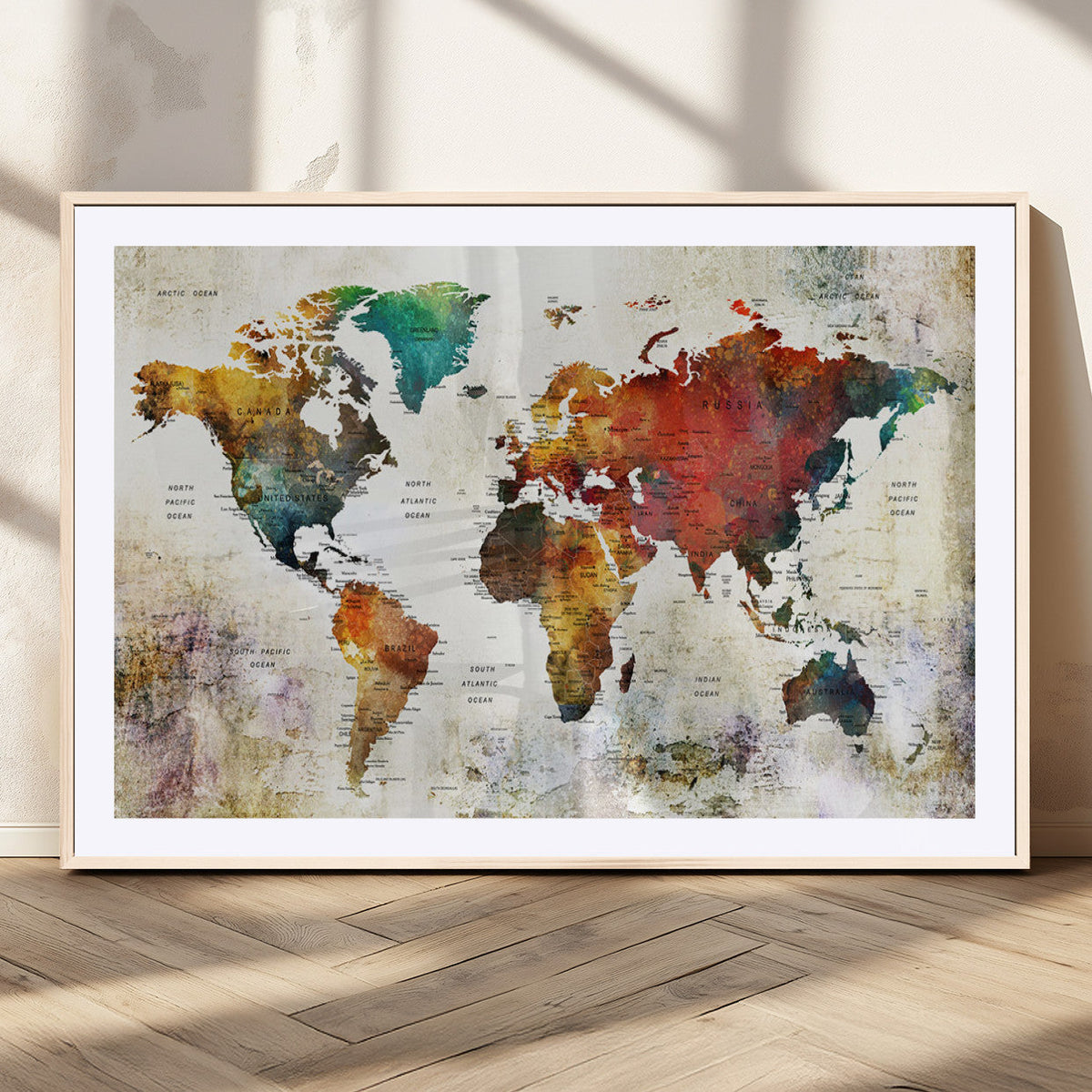 Watercolor World Map Canvas Print | Framed Travel Map Wall Art for Couples