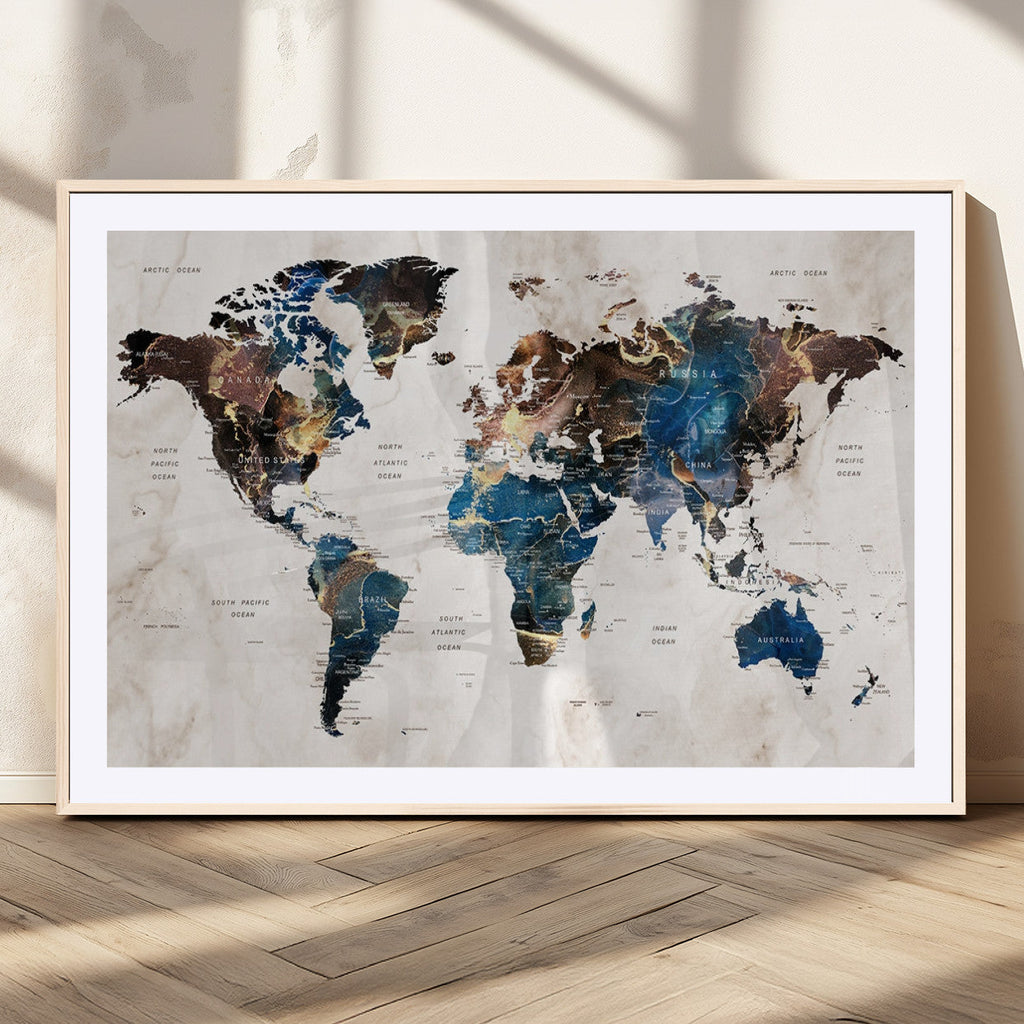 Abstract Earth Tone Blue World Map Canvas Print | Framed Travel Map Wall Art