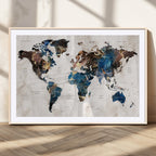 Abstract Earth Tone Blue World Map Canvas Print | Framed Travel Map Wall Art
