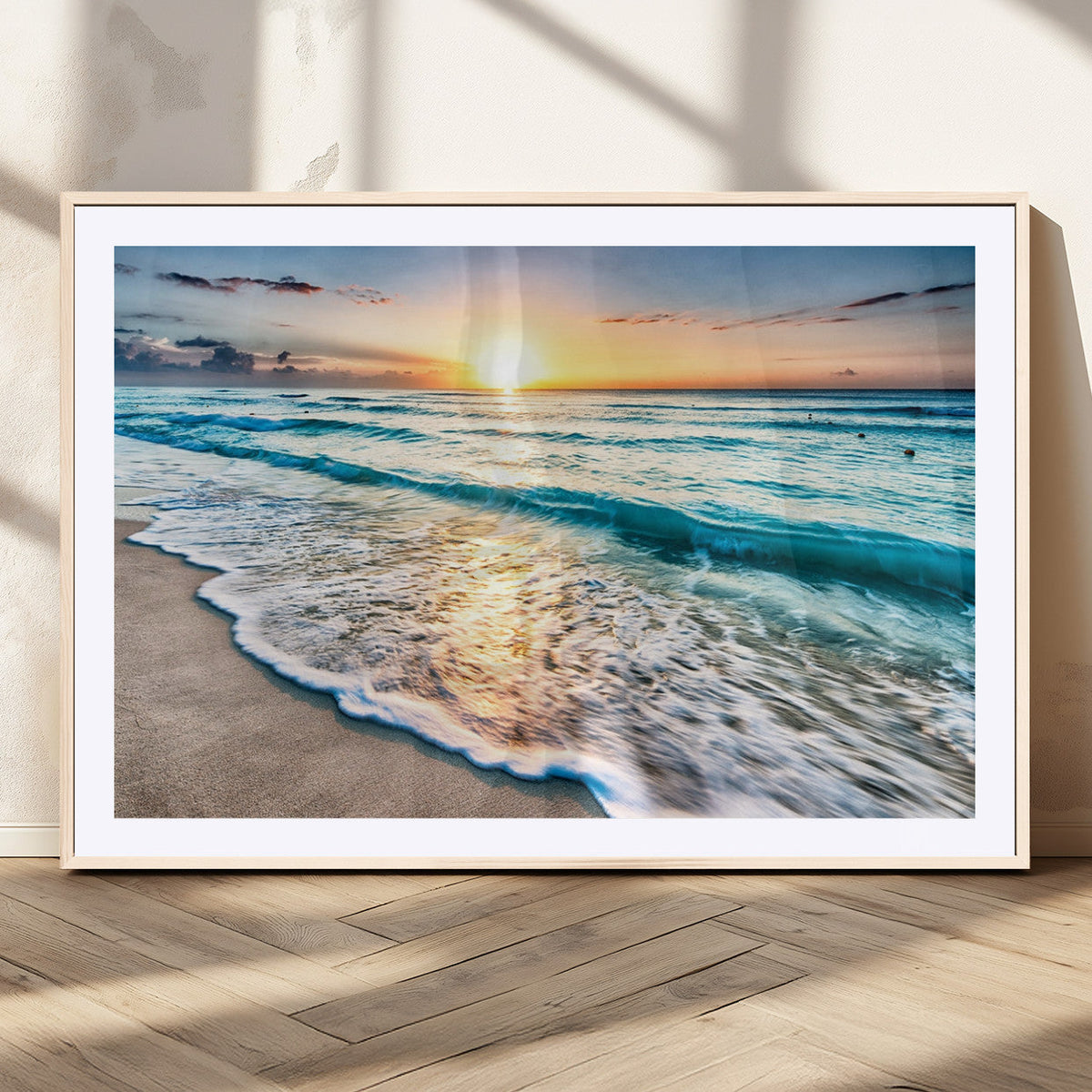 Sunset Beach Waves Canvas Wall Art | Ocean Sunset Coastal Print