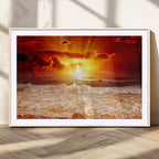 Red Sunset Ocean Beach Canvas Wall Art, Coastal Sunset Print