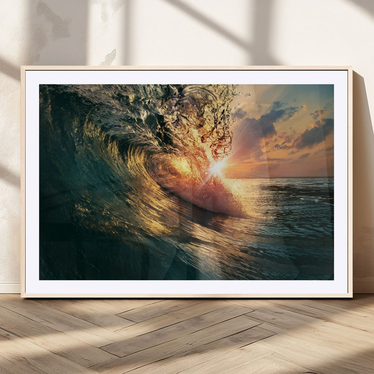 Ocean Wave Sunset Canvas Wall Art | Triptych Seascape Print