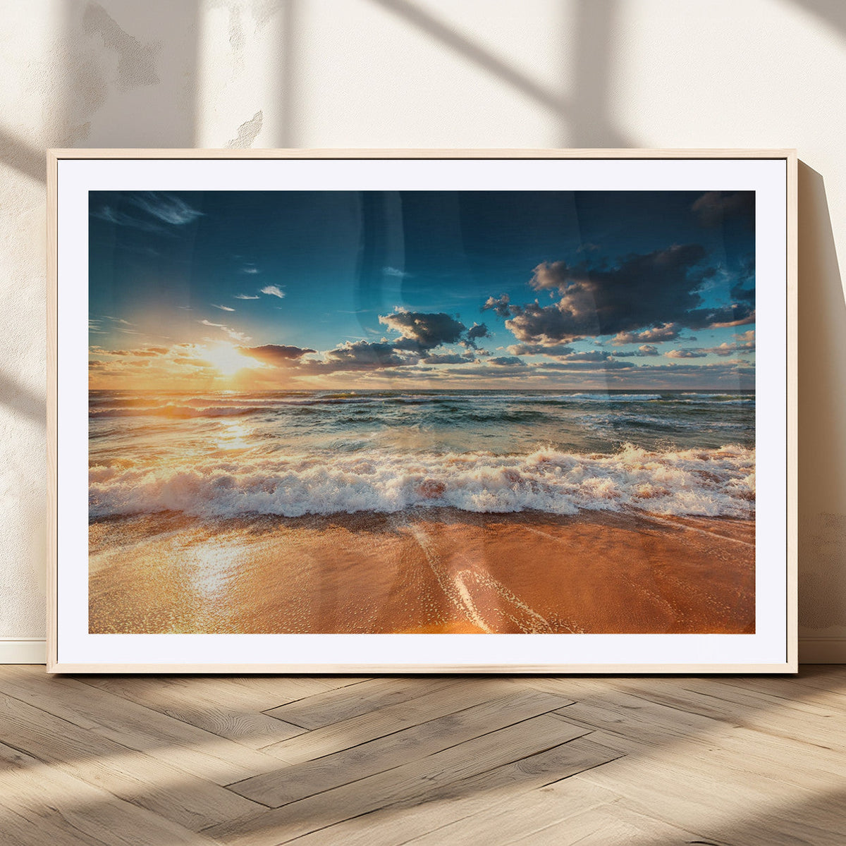 Golden Sunset Beach Triptych Canvas Art, Giclee Coastal Wall Decor, Ocean Waves Print
